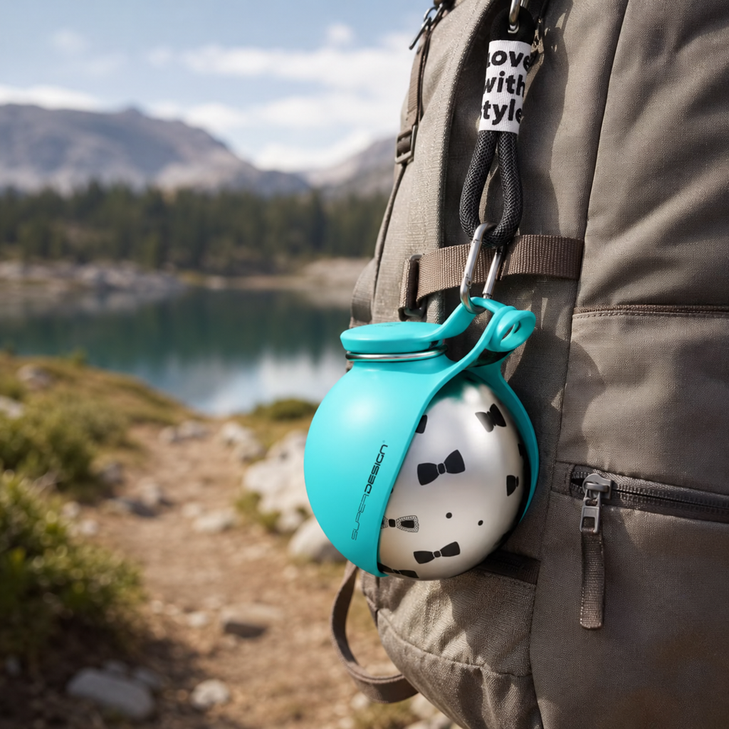 Hund trinkt unterwegs aus der PawTrail Duo Hundetrinkflasche beim Spaziergang