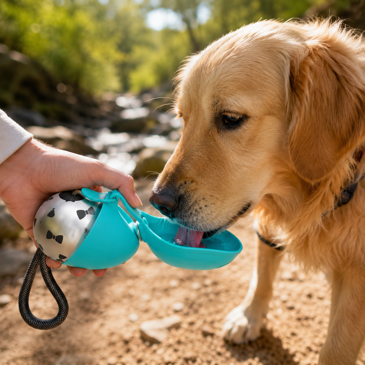 Hund beim Gassi mit der PawTrail Duo tragbaren Wasserflasche